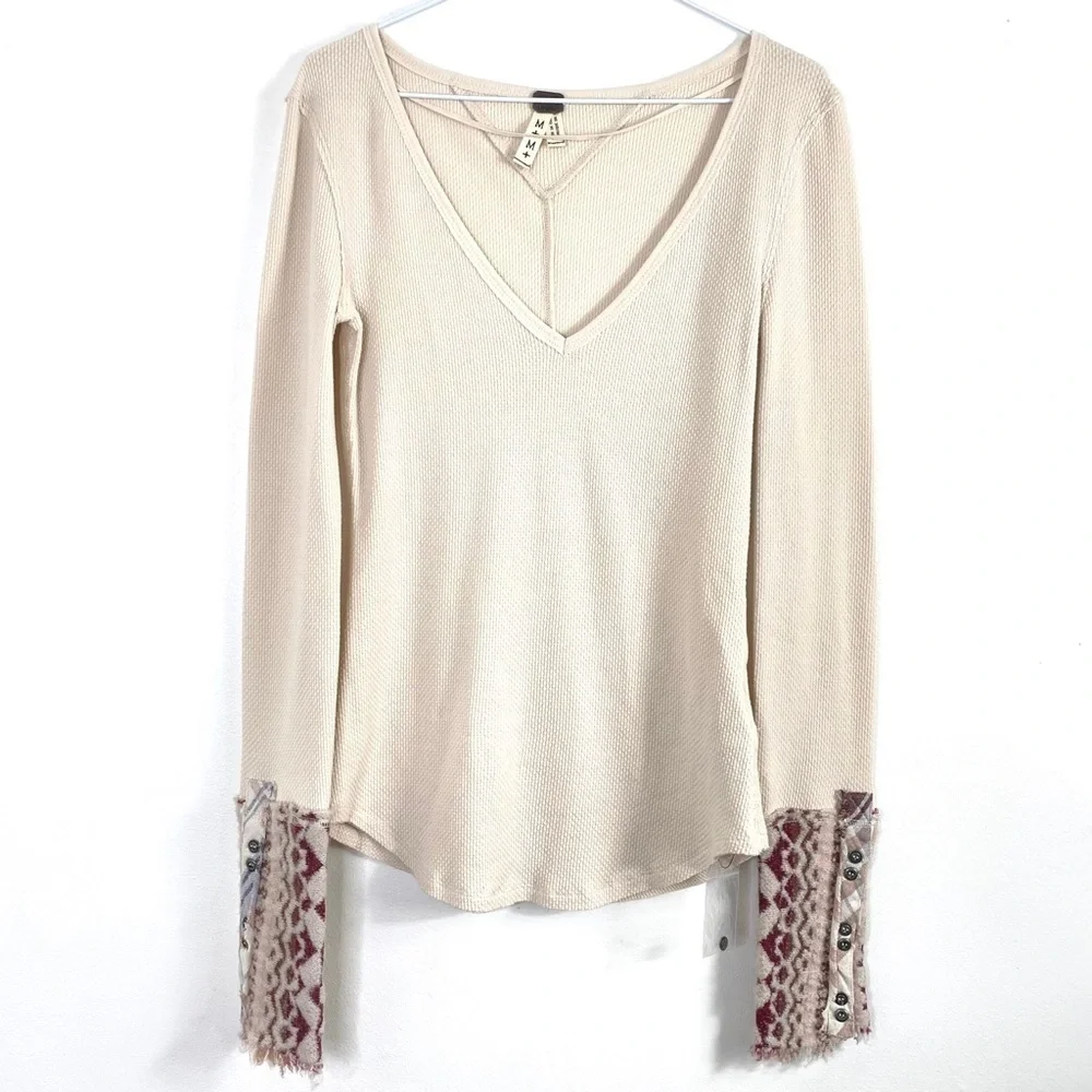 FREE People We the Free Art school cuff V-Neck Thermal Shirt Cream Sz M